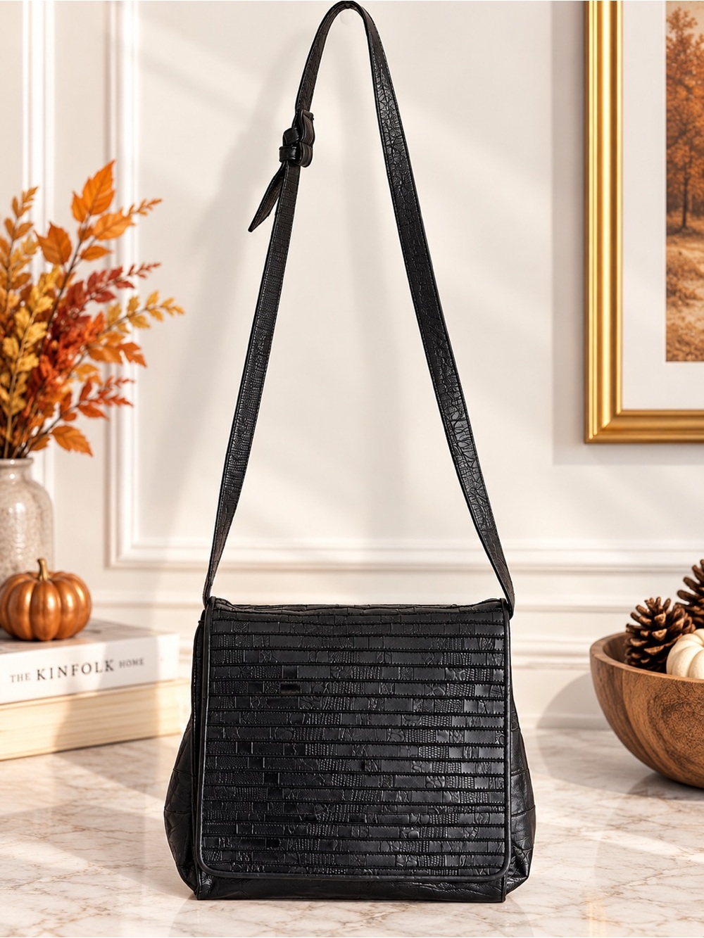 Vintage Sharif Black woven Leather croc embossed crossbody Bag